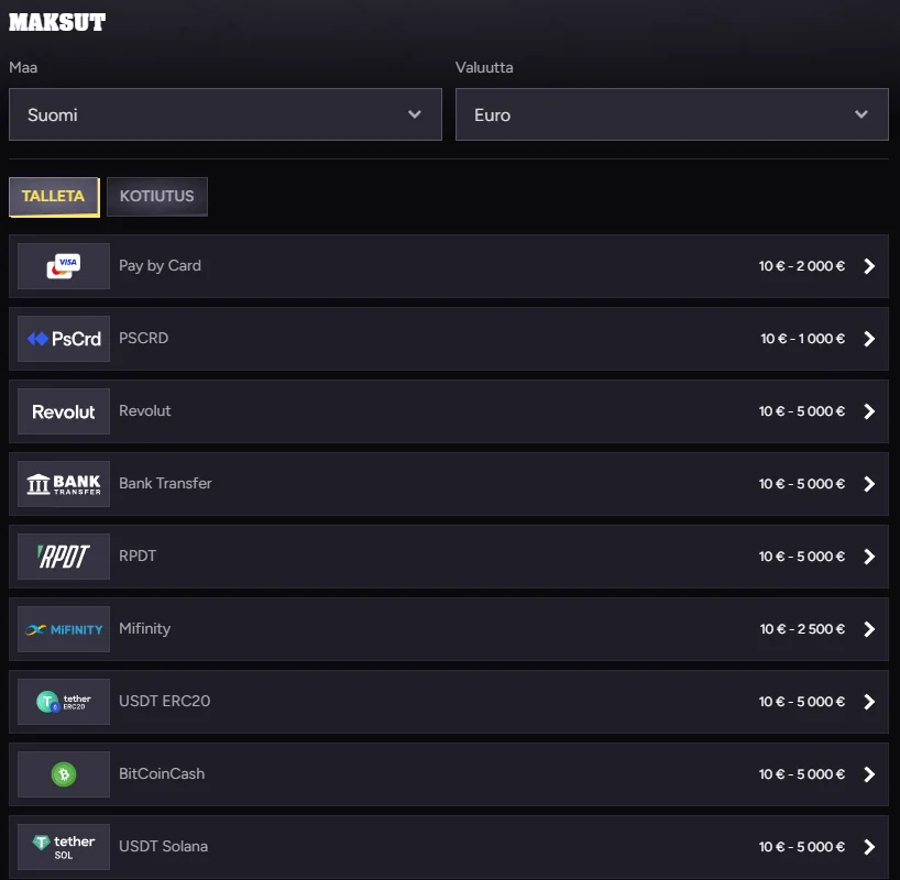 Wintino Casino – talletustavat Suomesta